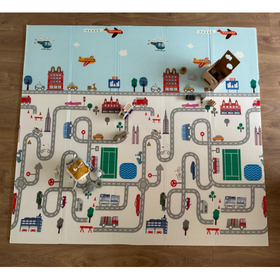 Детска термоустойчива постелка за пълзене и игра 160x180x1cm - Трафик + Джунгла - Купи сега